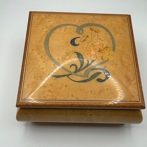 Wooden Musical Jewelry Box with Floral Inlay